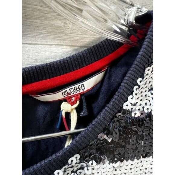 Hilfiger Denim Black & White Sequin Striped Short Sleeve Mini Dress With Back Zi - Picture 6 of 8